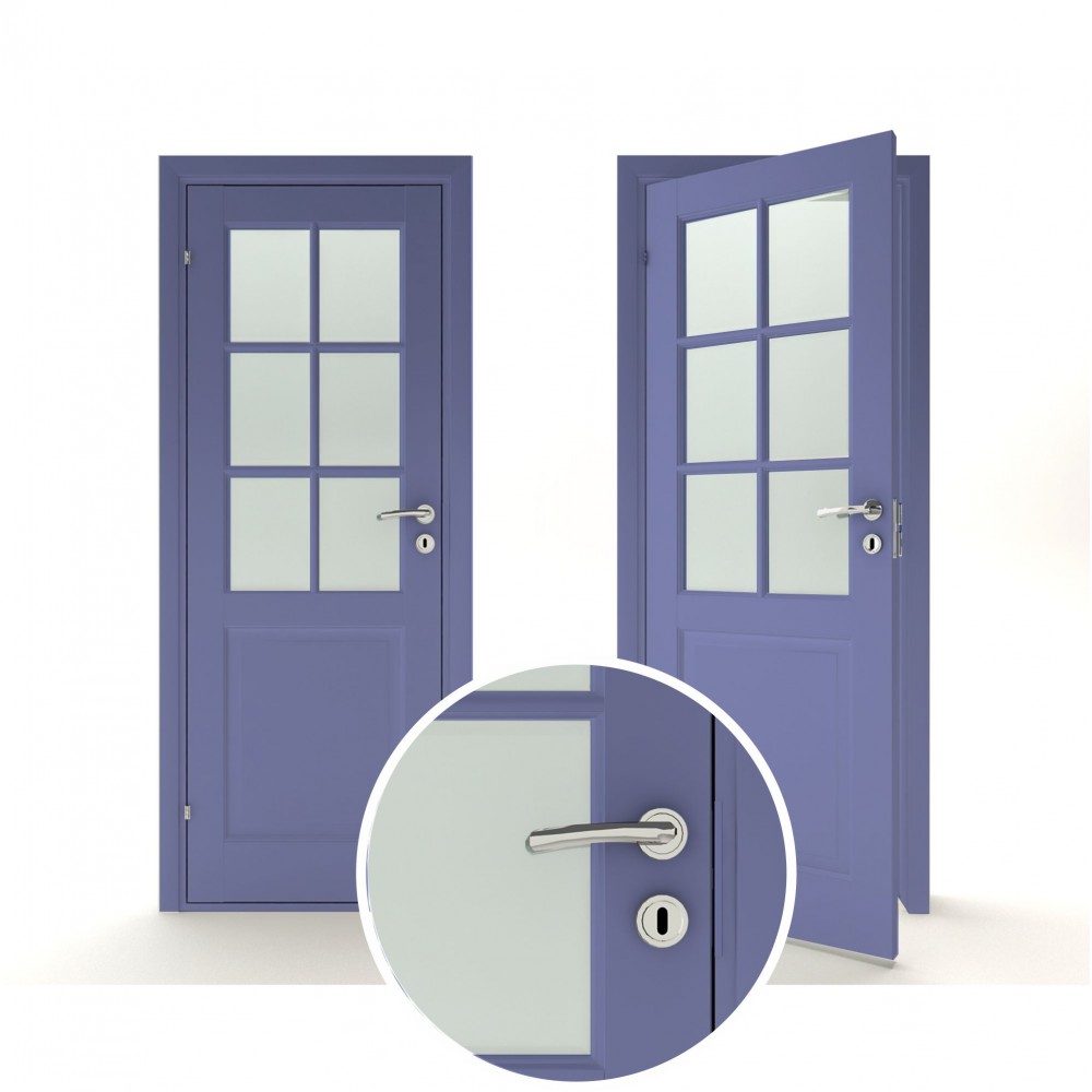 violetinės spalvos vidaus medinės durys skandinaviško dizaino, su su natūraliu ąžuolo lukštu