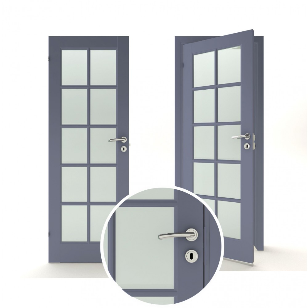 mėlynos spalvos vidaus medinės durys skandinaviško dizaino,  panelėmis arba stiklintas ir dvivėres duris
