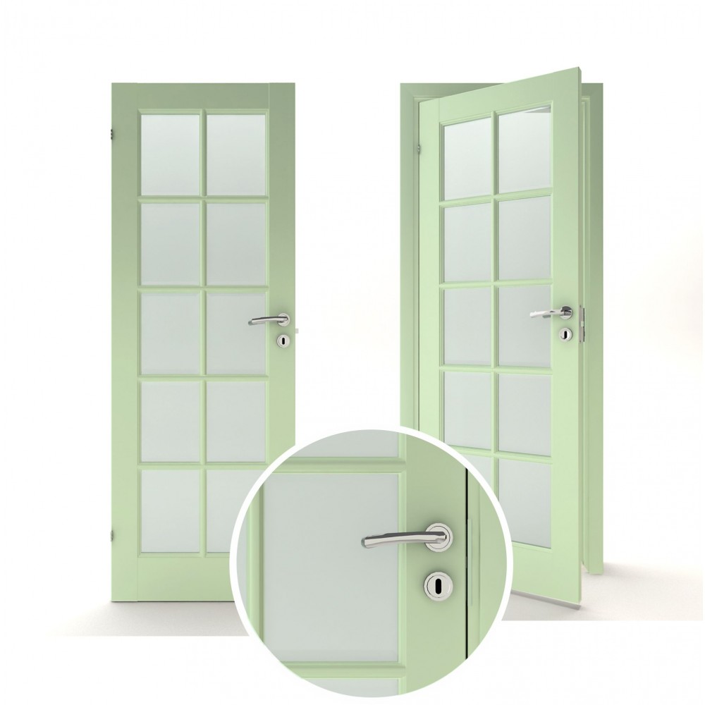 pastelinės žalios spalvos vidaus medinės durys skandinaviško dizaino, su stiko paketu