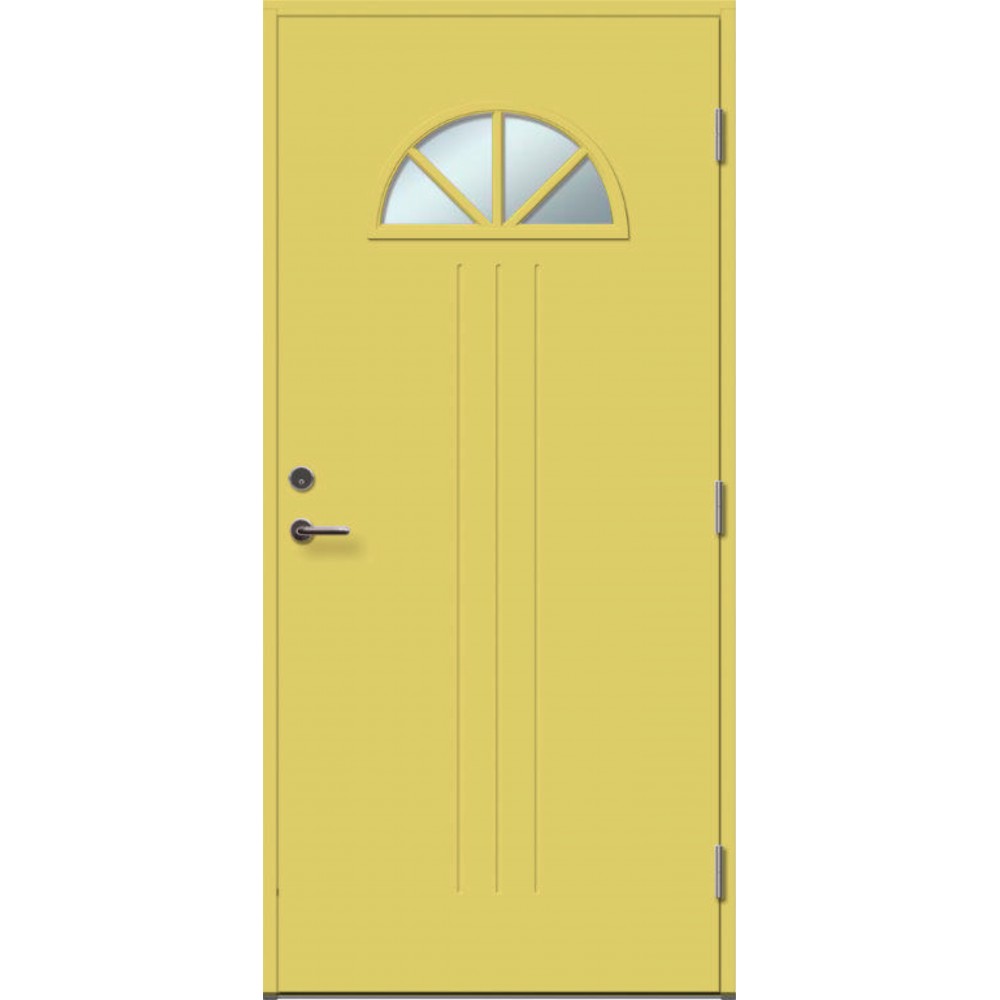 geltonos spalvos durys su spyna,  su stiklu