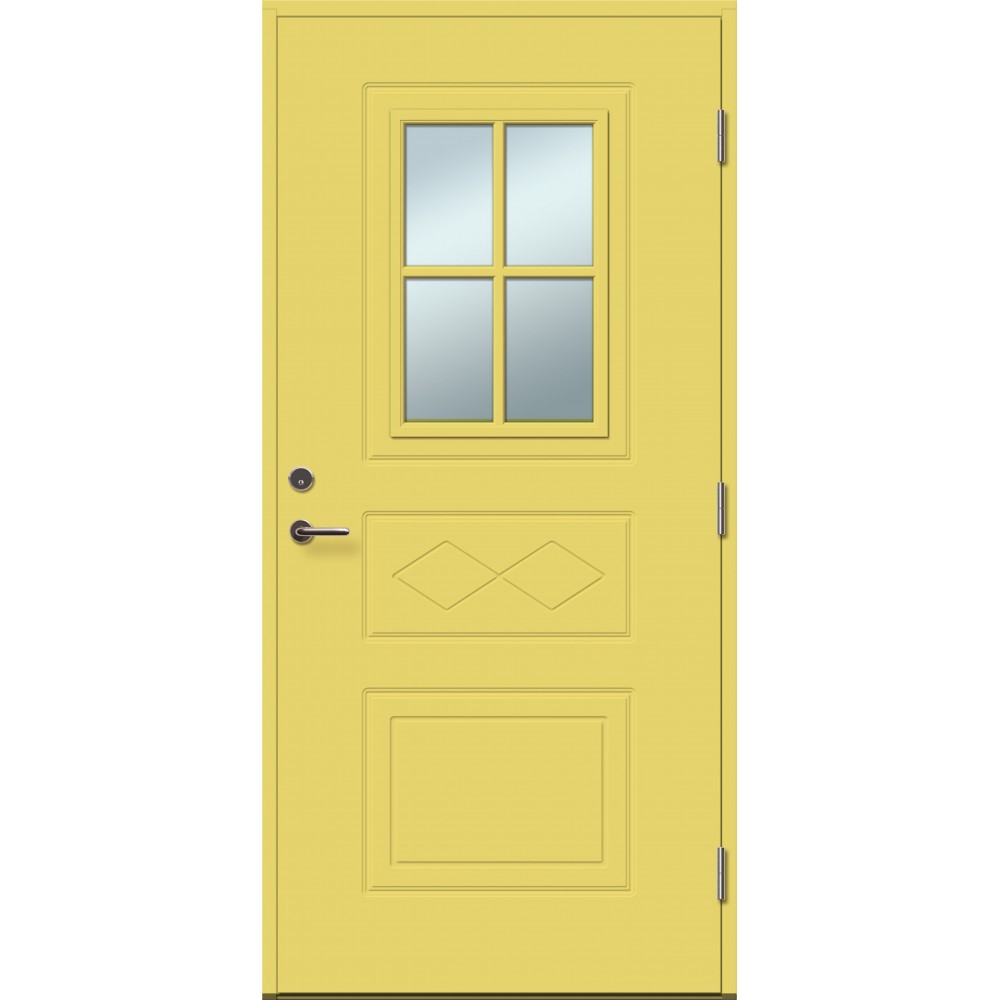 geltonos spalvos durys su spyna, su stiklu