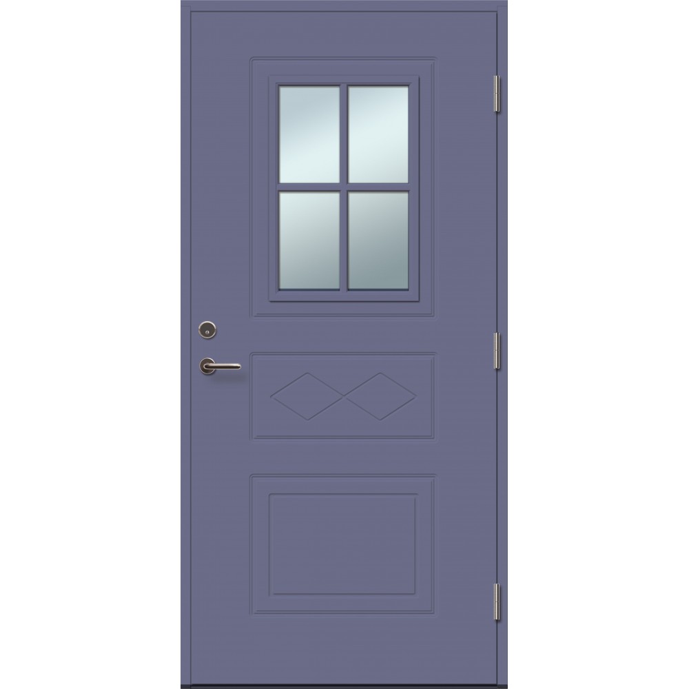 mėlynos spalvos durys, su rankena 