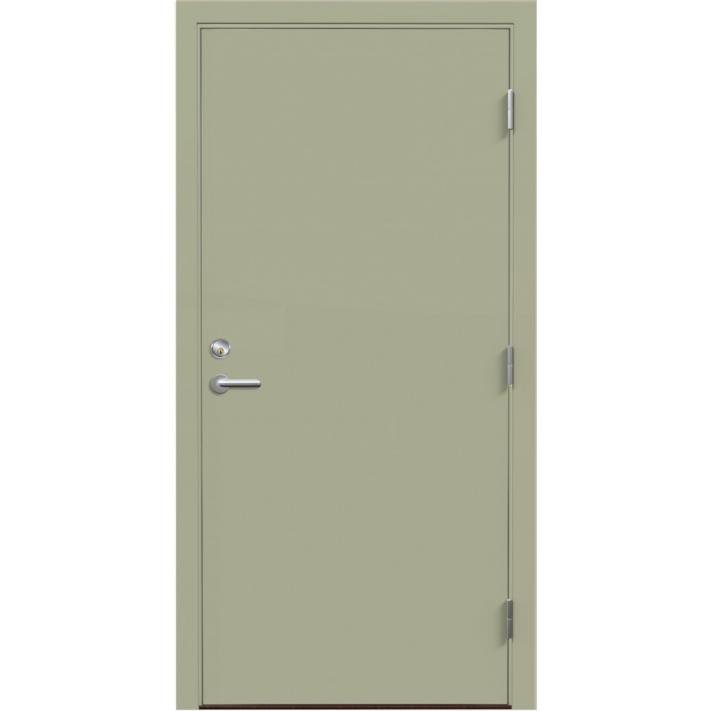 žaliai pilkos spalvos metalinė lauko durys VMT-0, modernaus dizaino