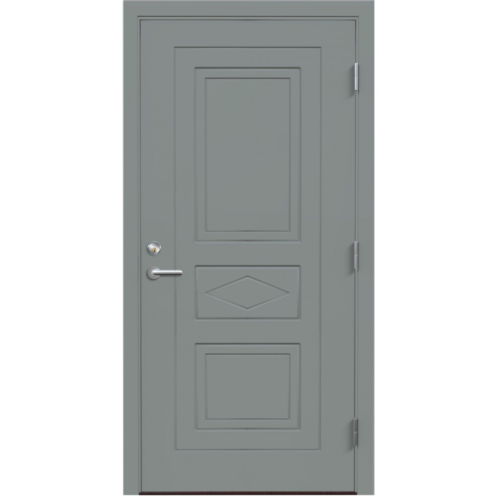 pilkos spalvos spalvos metalinė lauko durys VMT-4, su spyna