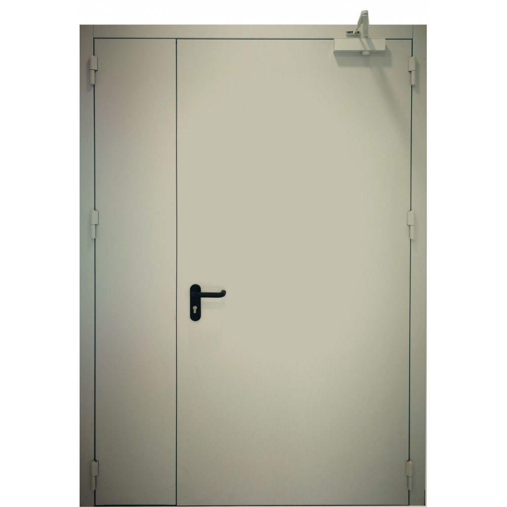šviesiai pilkos spalvos metalinės dvivėrės vidaus durys PROTECTUS, oro pralaidumo klasė 4