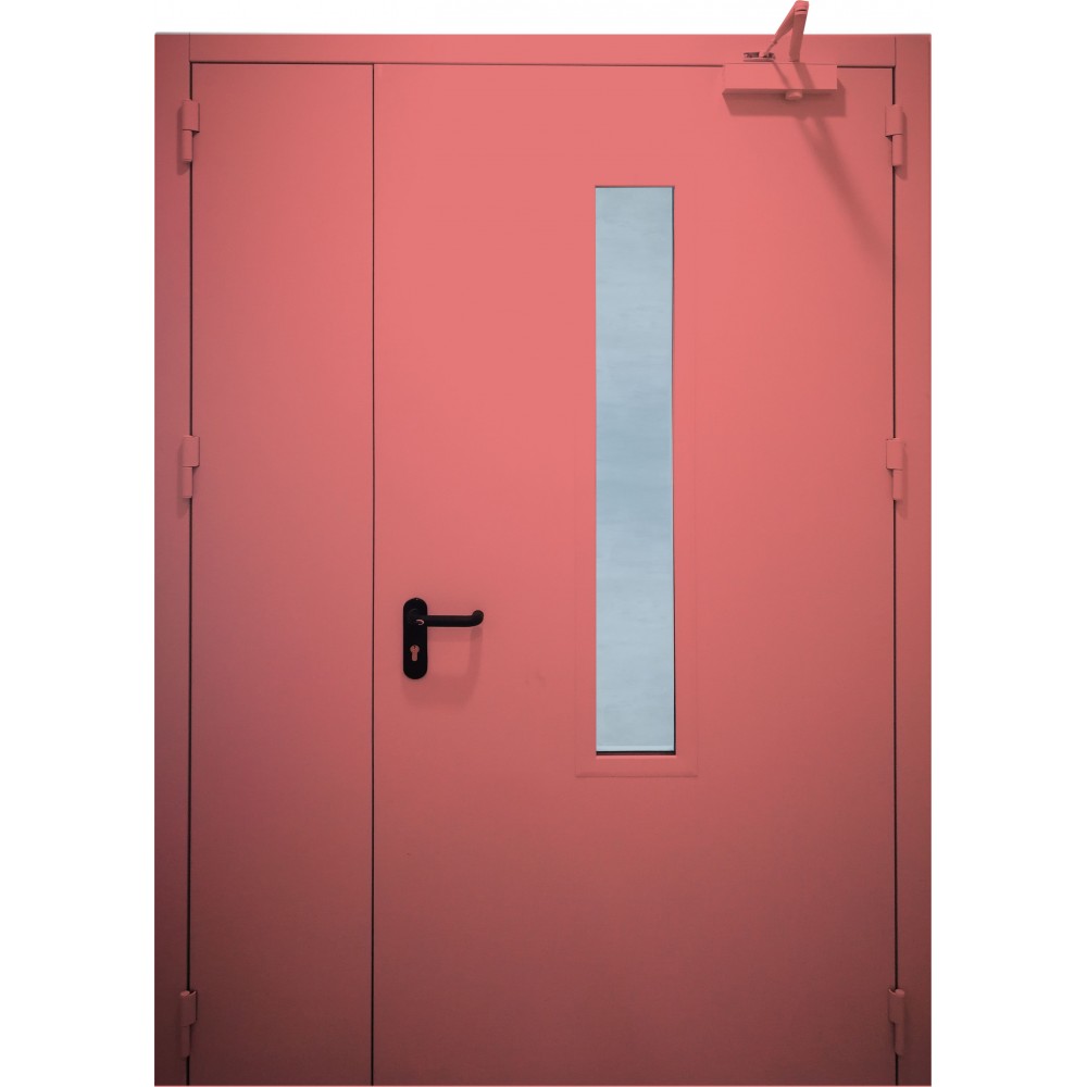 raudonos spalvos metalinės dvivėrės lauko durys su stiklu PROTECTUS, staktos 100m