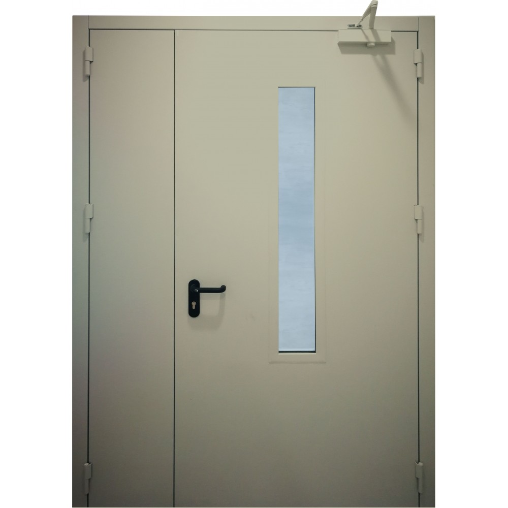 chaki spalvos metalinės dvivėrės lauko durys su stiklu PROTECTUS, sandarumo dūmams klasė Sa, Sm