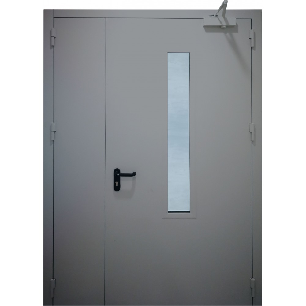 tamsiai pilkos spalvos metalinės dvivėrės lauko durys su stiklu PROTECTUS, oro pralaidumo klasė 4