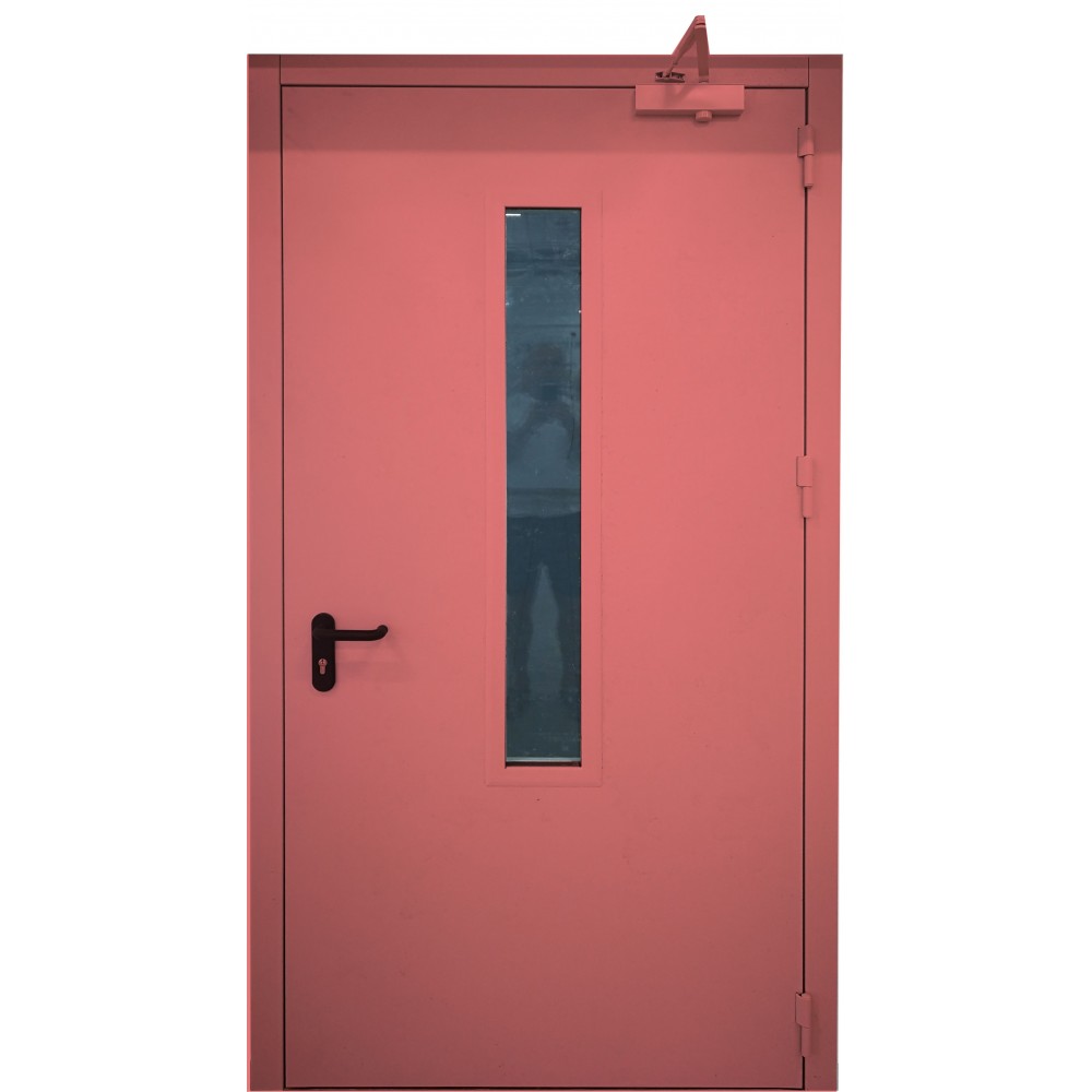 raudonos spalvos metalinės lauko durys su stiklu PROTECTUS, staktos 100m