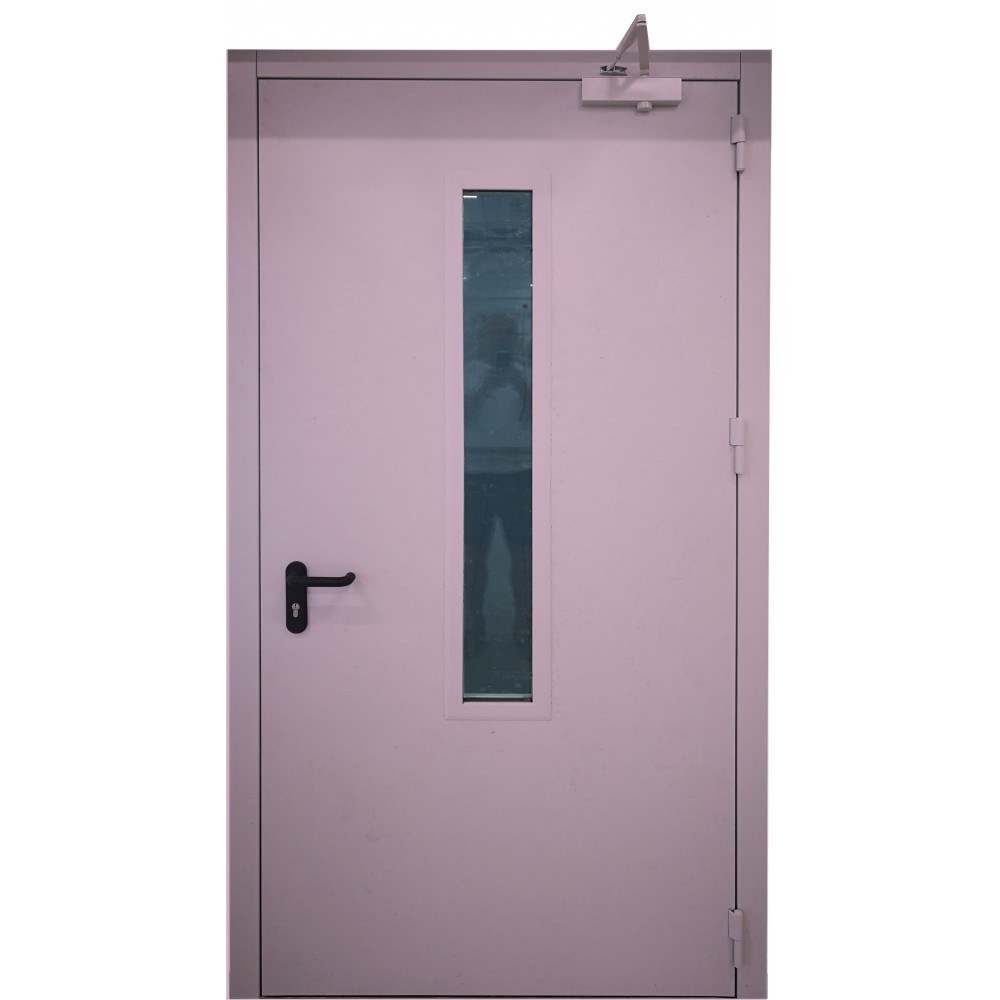 violetinės spalvos metalinės vidaus priešgaisrinės durys su stiklu PROTECTUS, vienvėrės ir dvivėrės