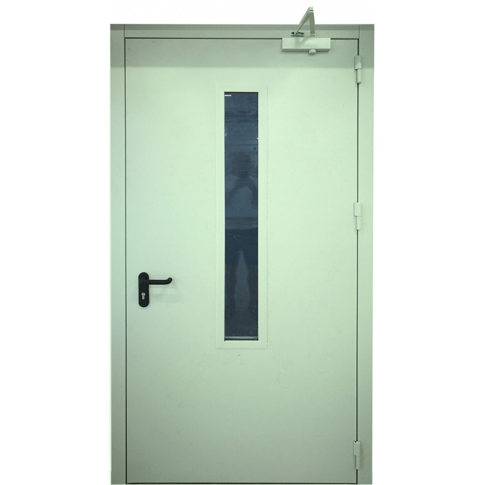 pastelinės žalios spalvos metalinės lauko durys su stiklu PROTECTUS, sertifikuotos priešgaisrinės apsaugos ir gelbėjimo departamento