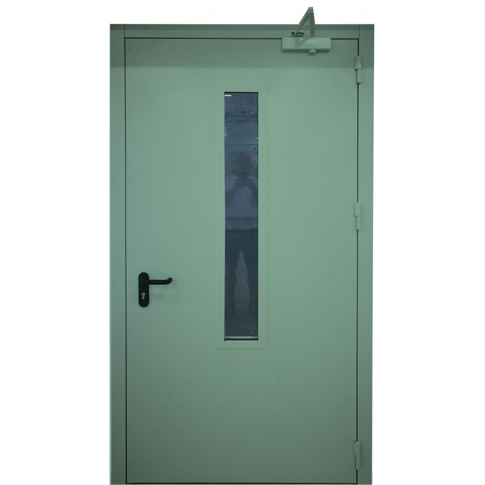 mėtinės žalios spalvos metalinės lauko priešgaisrinės durys su stiklu PROTECTUS, atsparios ugniai
