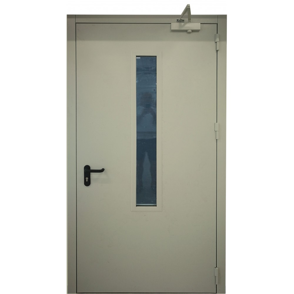 chaki spalvos metalinės lauko priešgaisrinės durys su stiklu PROTECTUS, sandarumo dūmams klasė Sa, Sm