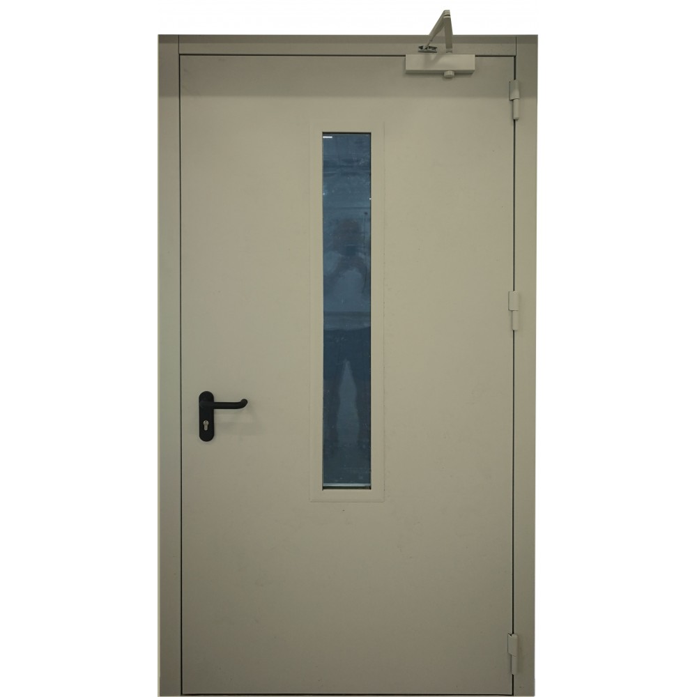 chaki spalvos metalinės vidaus priešgaisrinės durys su stiklu PROTECTUS, sandarumo dūmams klasė Sa, Sm