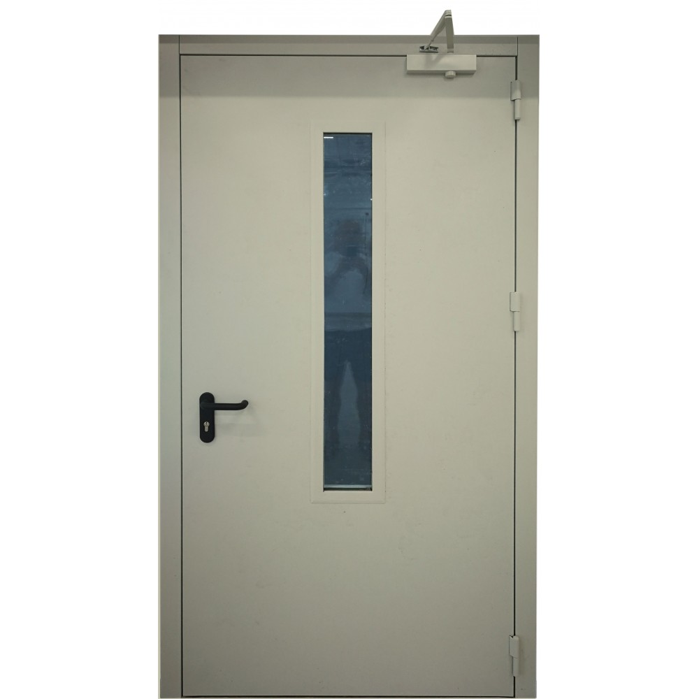 šviesiai pilkos spalvos metalinės vidaus durys su stiklu PROTECTUS, SPYNOS ASSA 565 ir ASSA 5000